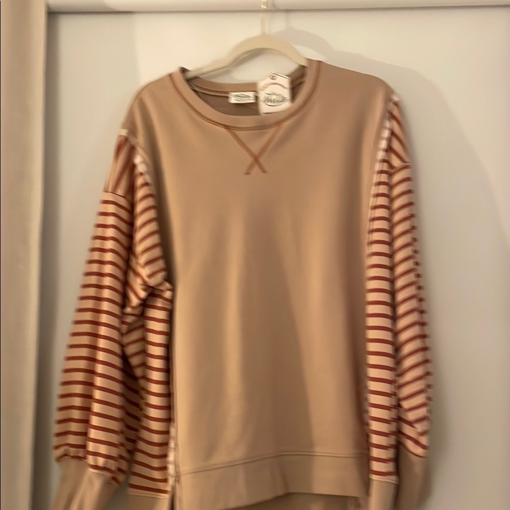 Very J Beige Sweater with Striped Sleeves